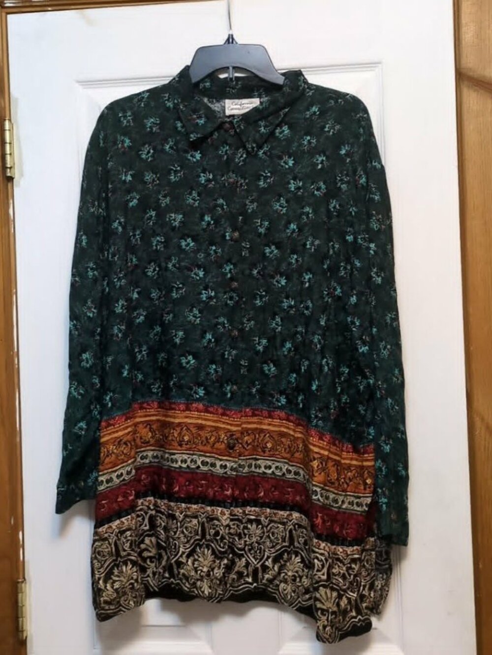 Vintge California Connections Sz 22W Boho Floral Long Sleeve Blouse Rayon Green